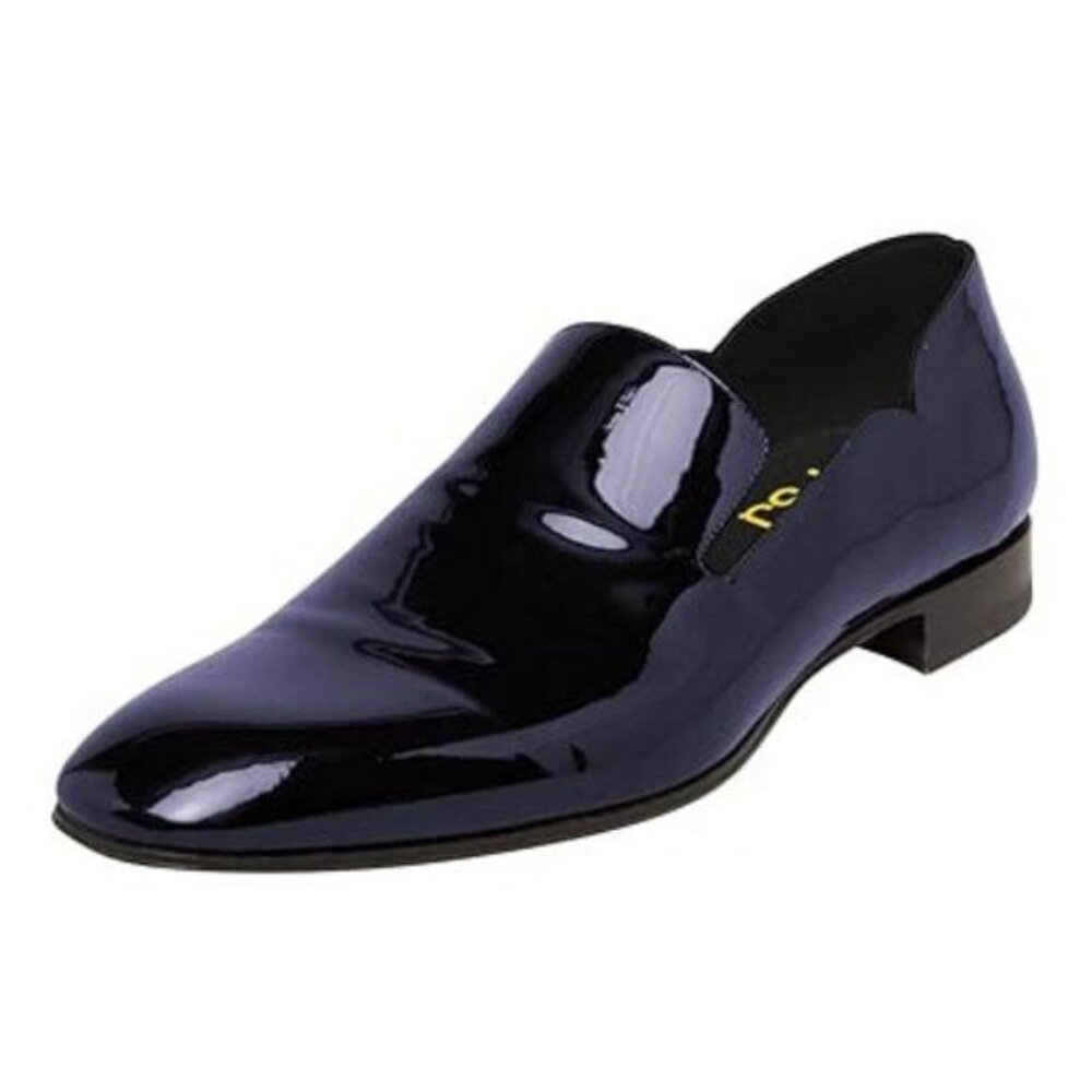 FSJ Men's Shiny Patent Leather Slip-On Loafers Closed Toe Side V-Cut Flats Comfo